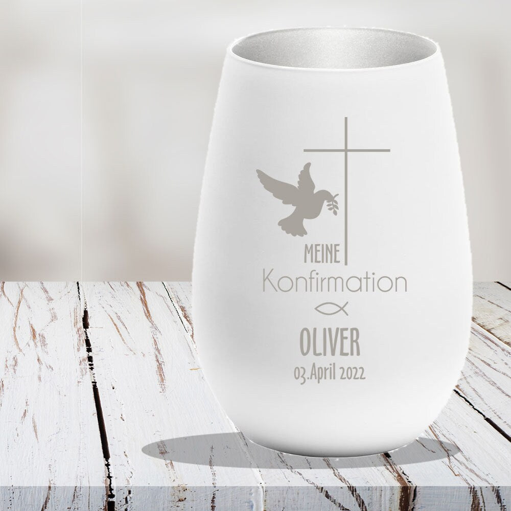 Windlicht Konfirmation | Kommunion | Firmung mit Taube, Kreuz und Fisch und persönlicher Gravur